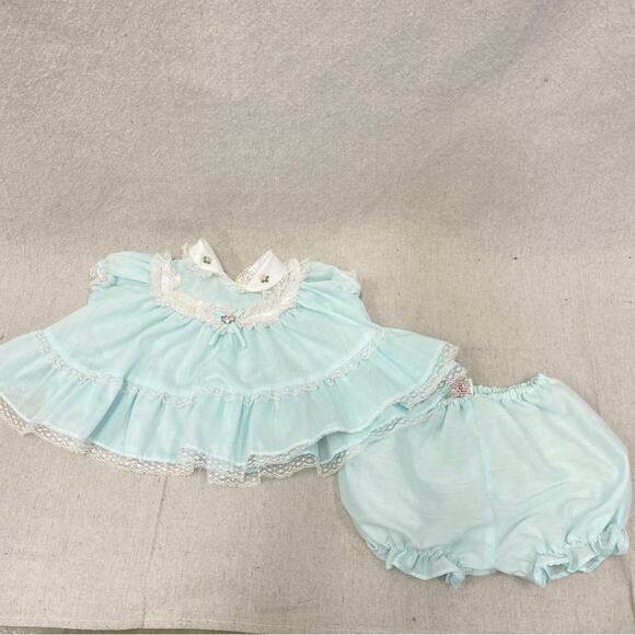 Vintage 80s Ruffled Peter Pan Collar Baby Dress & lined bloomer set 3-6 months - Picture 1 of 15